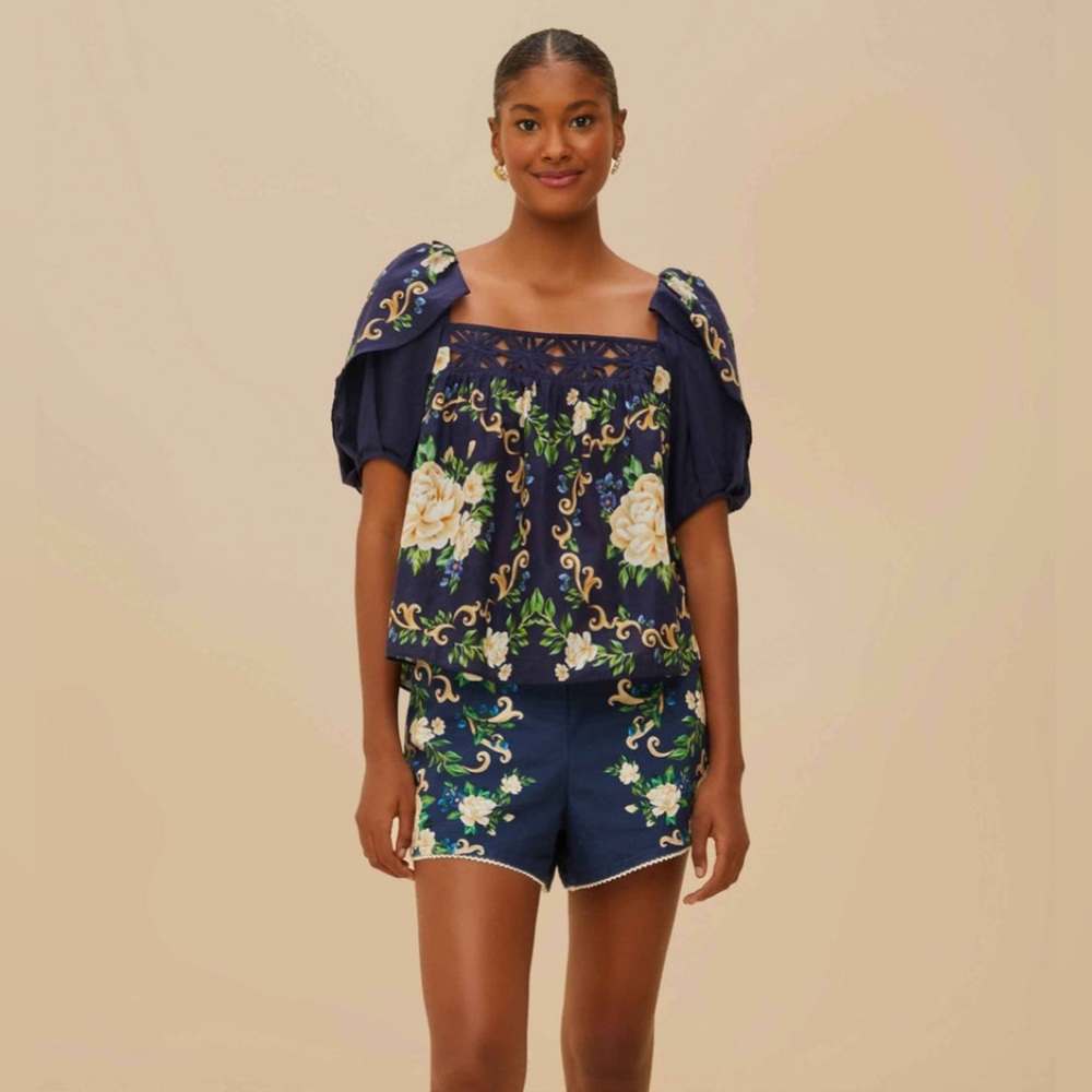 NWT Farm Rio High Rise Belted Navy Blue Flower Tapestry Shorts Size 27 Small - Picture 4 of 4